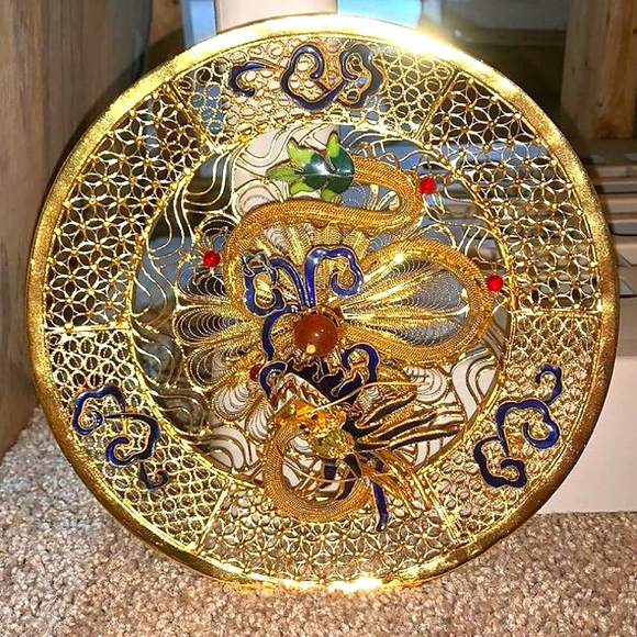 Dragon Filigree Cloisonne 3D Asian Decor Gold w Color ! - Picture 2 of 16